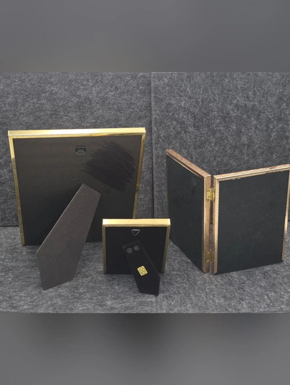 Vintage Lot Of 3 MCM Gold Tone Brass Picture Photo Frame Standing Bi-Fold
